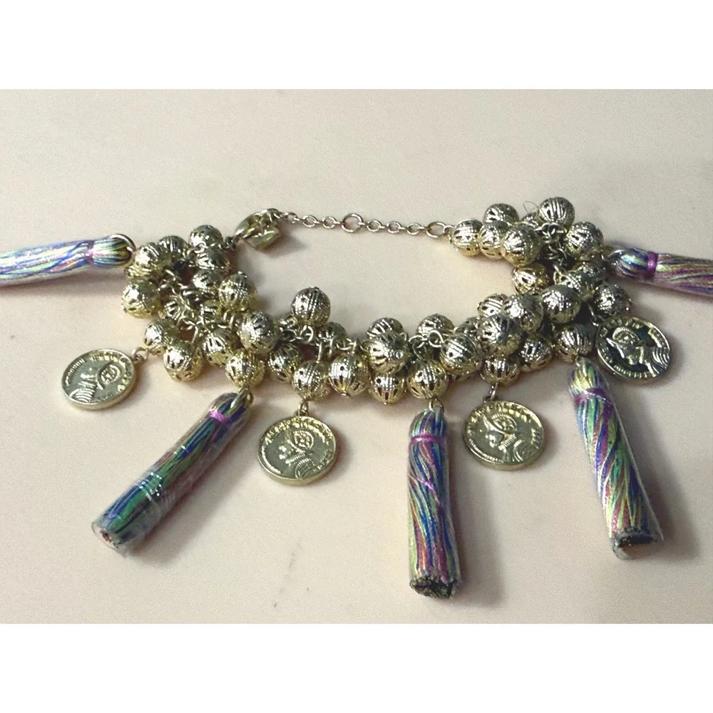 Gold Tone Boho Charm Bracelet with Coins‎ Tassels and Filigree Beads Multi Color